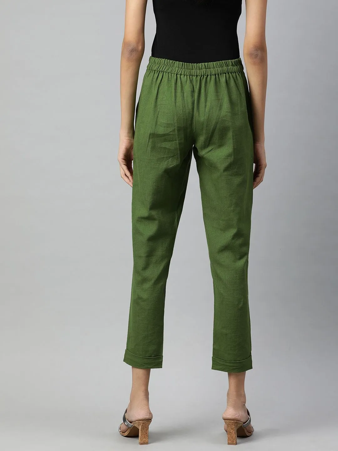 Olive Cotton Slub Bottom-Fold Straight Pants