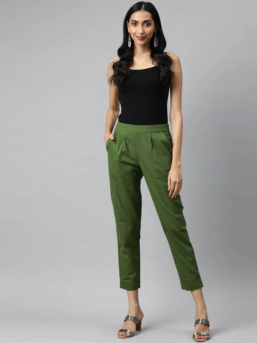 Olive Cotton Slub Bottom-Fold Straight Pants