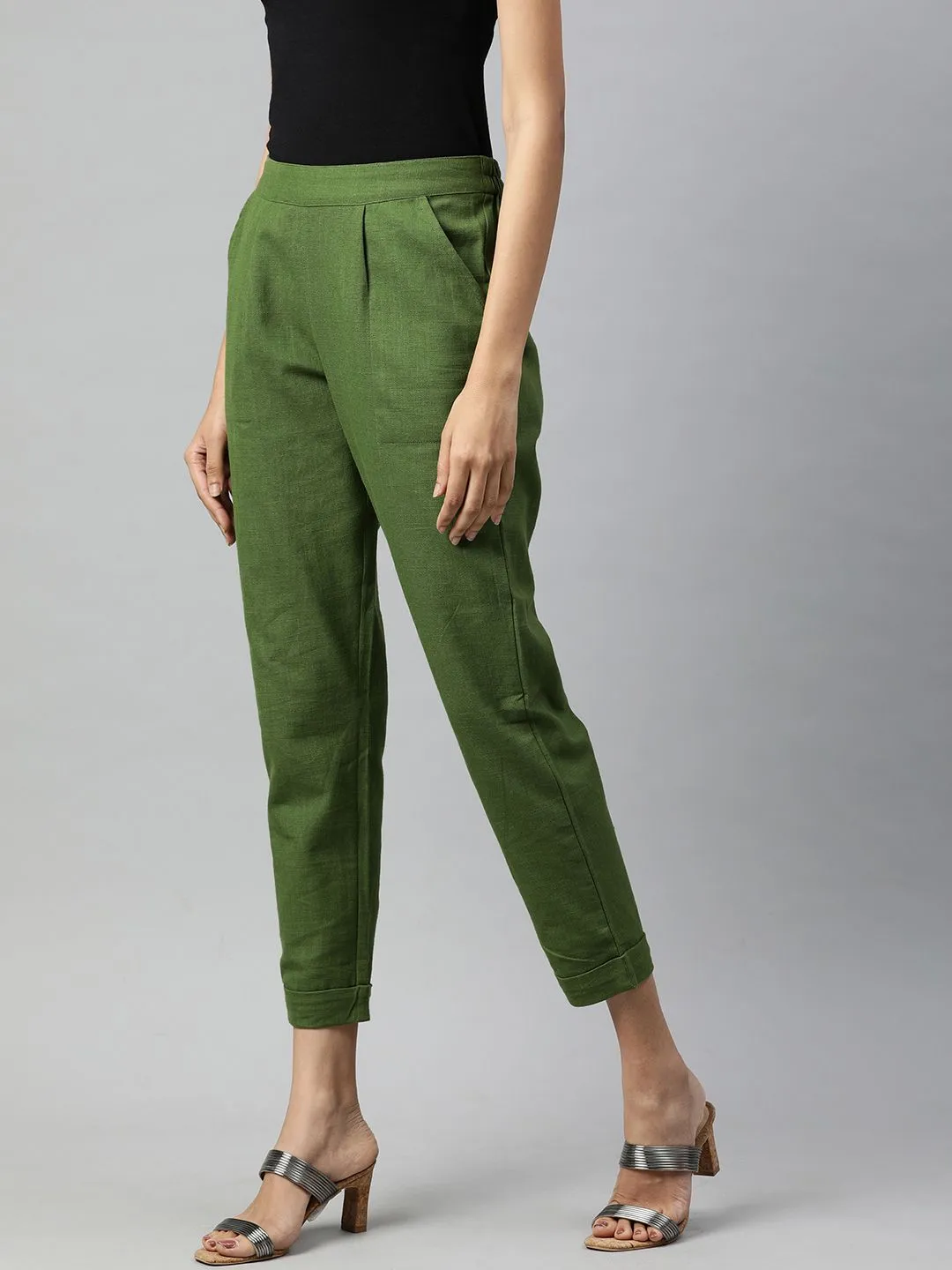 Olive Cotton Slub Bottom-Fold Straight Pants