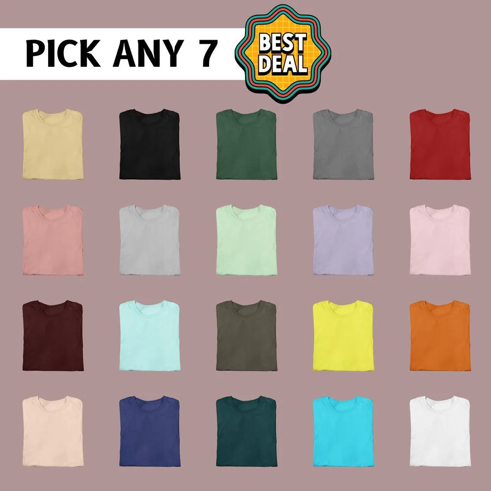 Pick Any 7 - Regular Fit Solid Color Round Neck Cotton T-Shirts - Combo Pack