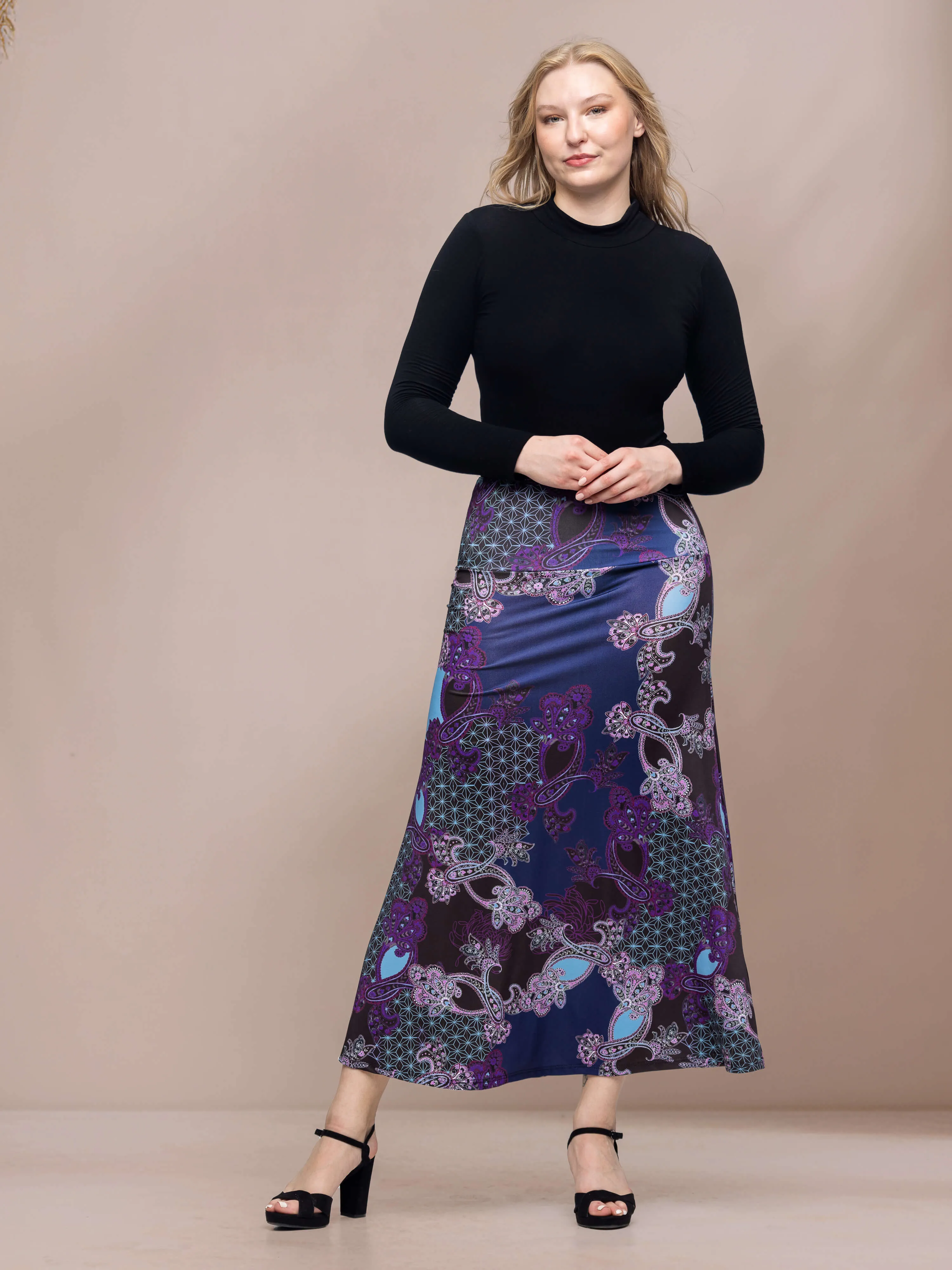 Purple Paisley Print Elastic Waist A Line Maxi Skirt