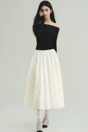 Rhinestone Off-Shoulder Crop Top and Tulle Midi Skirt Set