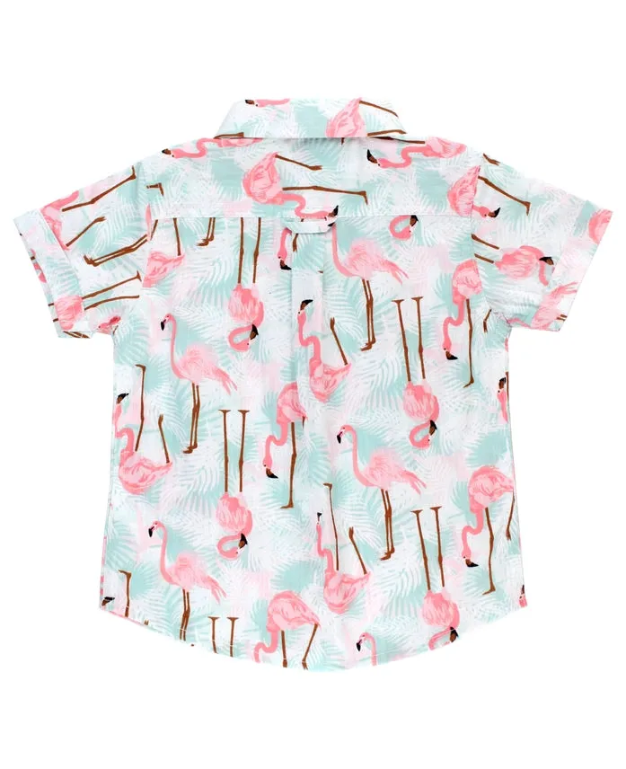 Ruffle Butts-Short Sleeve Button Down Shirt-Vibrant Flamingo