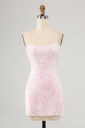 Sparkly Pink Spaghetti Straps Tight Mini Dress with Sequins