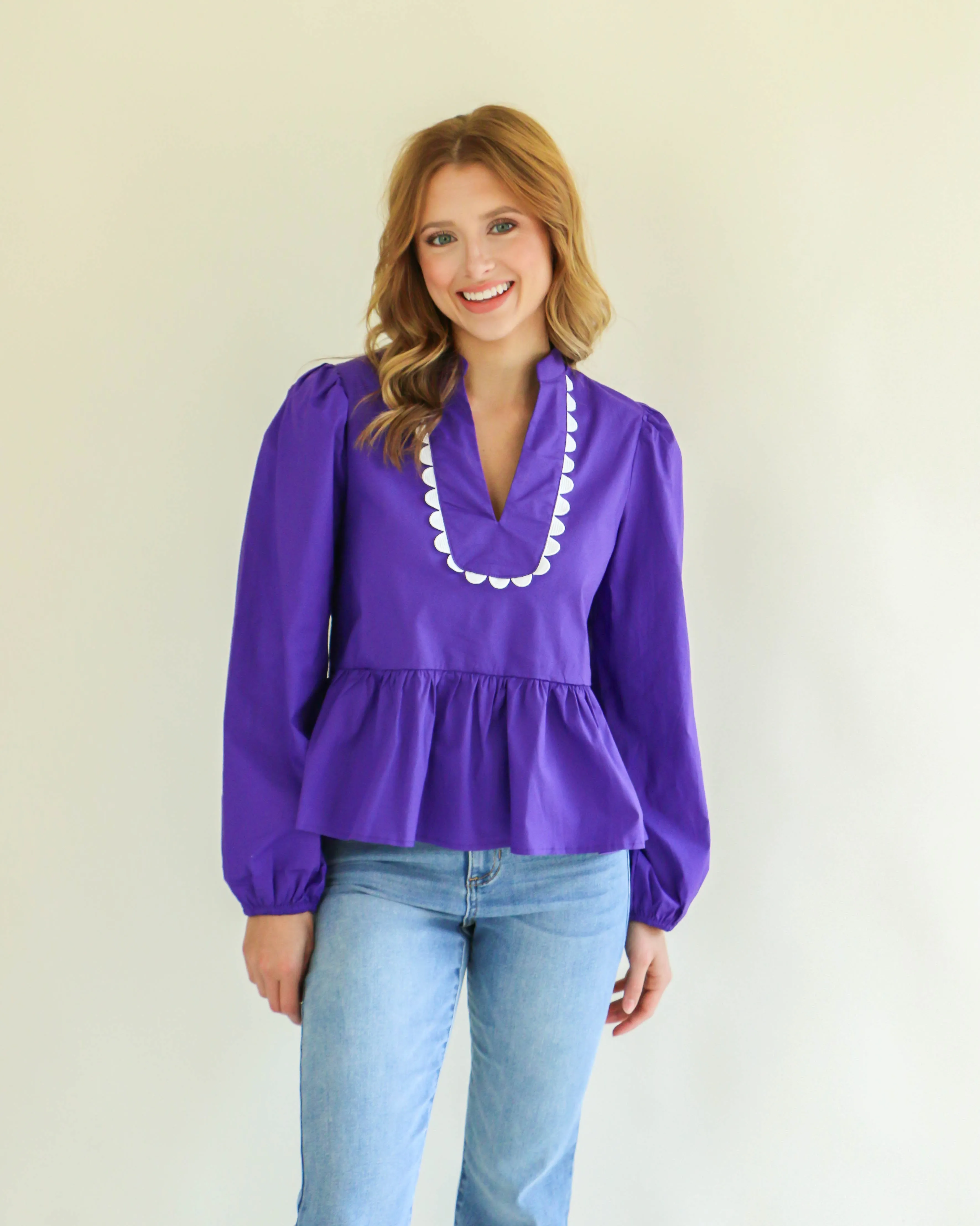 Split V-Neck Long Sleeve Top in Purple