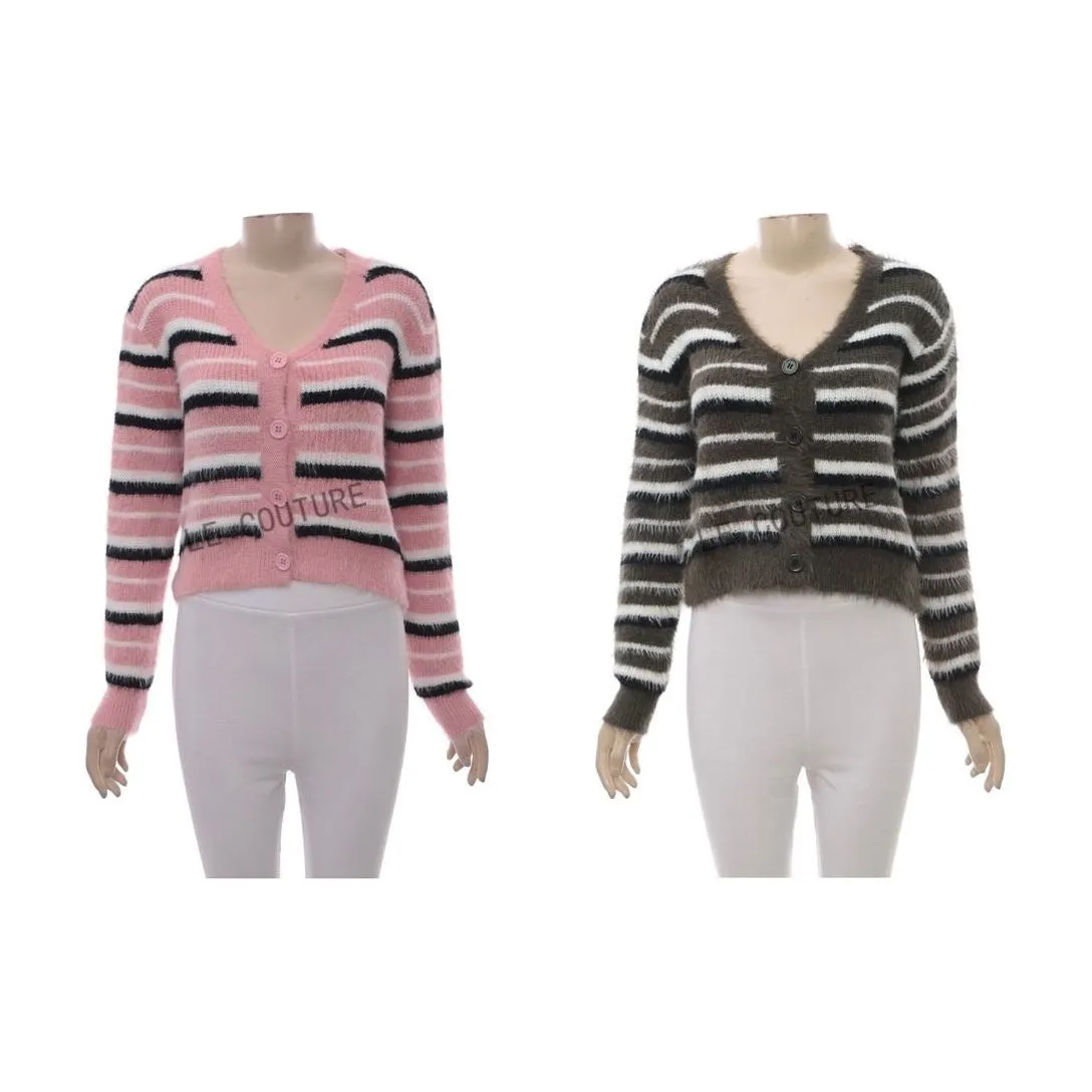 Striped Pattern Fluffy Knit Cardigan