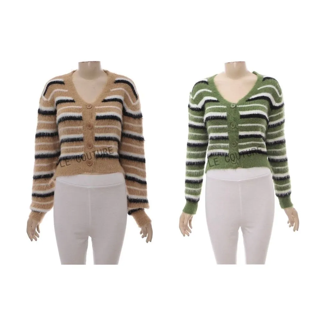 Striped Pattern Fluffy Knit Cardigan