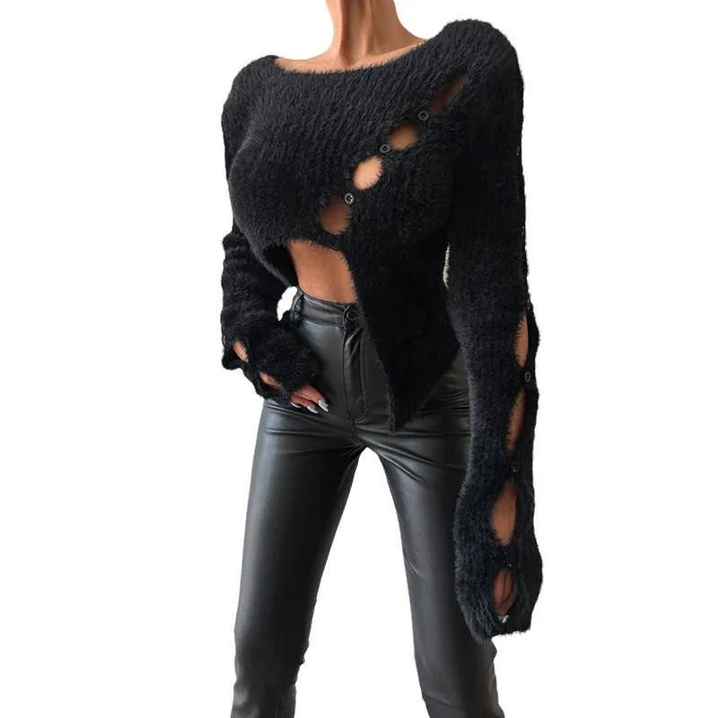 Sweater Women Cropped Hollow Out Cutout Long Sleeve Solid Color round Neck Knitted Sweater Women