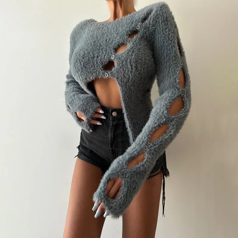 Sweater Women Cropped Hollow Out Cutout Long Sleeve Solid Color round Neck Knitted Sweater Women