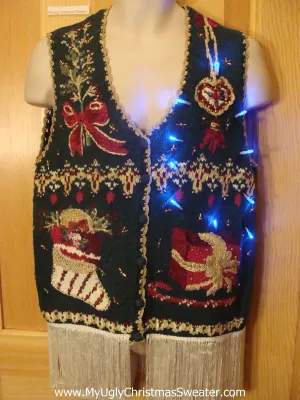 Tacky Green Light Up Christmas Sweater Vest with Dangling Fringe