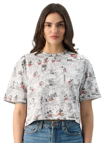 The Souled Store Official Mickey Mouse: Comic Pattern Women and Girls Short Sleeve Round Neck Grey All Over Print Oversized Fit Cropped T-Shirts