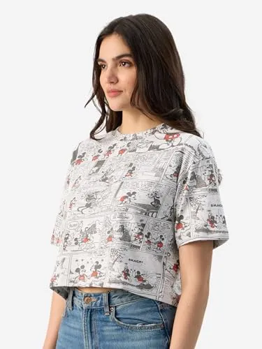 The Souled Store Official Mickey Mouse: Comic Pattern Women and Girls Short Sleeve Round Neck Grey All Over Print Oversized Fit Cropped T-Shirts