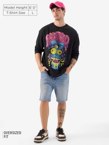 The Souled Store Trippy Blaze Men and Boys Round Neck Black Graphic Printed Cotton Oversized Full Sleeve T-Shirts