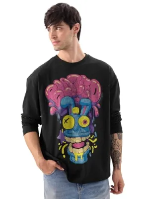 The Souled Store Trippy Blaze Men and Boys Round Neck Black Graphic Printed Cotton Oversized Full Sleeve T-Shirts