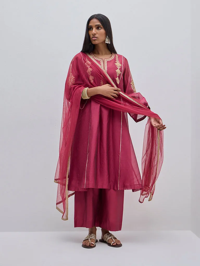 Vark Magenta A-Line Kurta, Inner, Pants and Dupatta Set