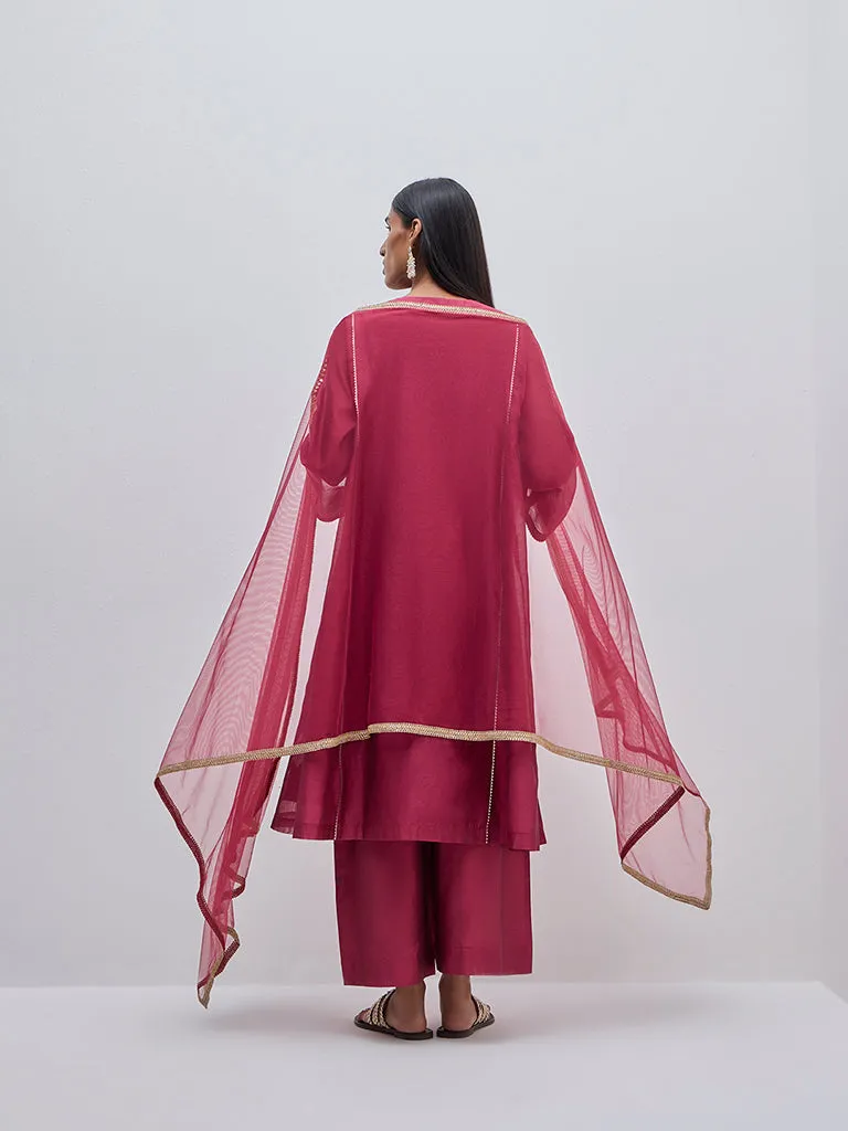 Vark Magenta A-Line Kurta, Inner, Pants and Dupatta Set