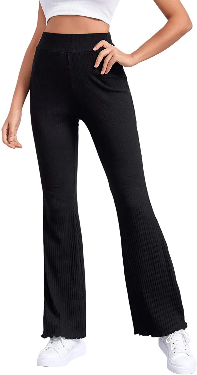 Verdusa Women's Elegant Ribbed Knit Elastic Waist Flare Leg Long Pants