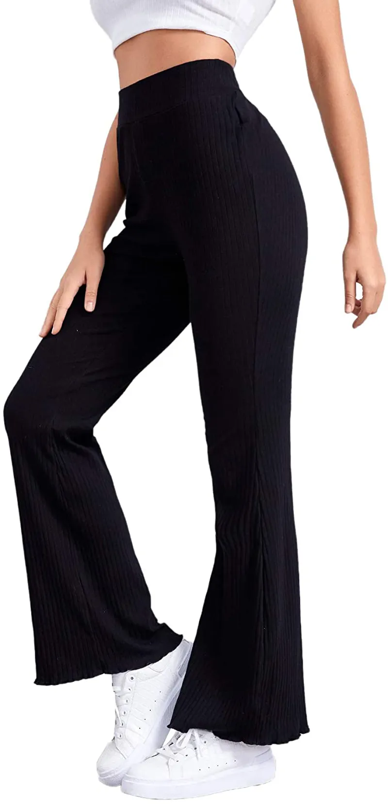 Verdusa Women's Elegant Ribbed Knit Elastic Waist Flare Leg Long Pants