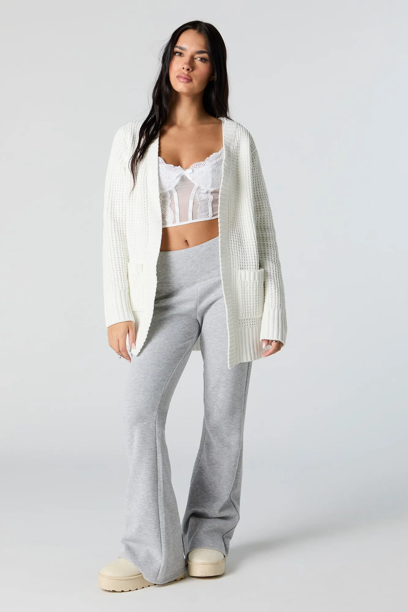 Waffle Knit Long Sleeve Cardigan